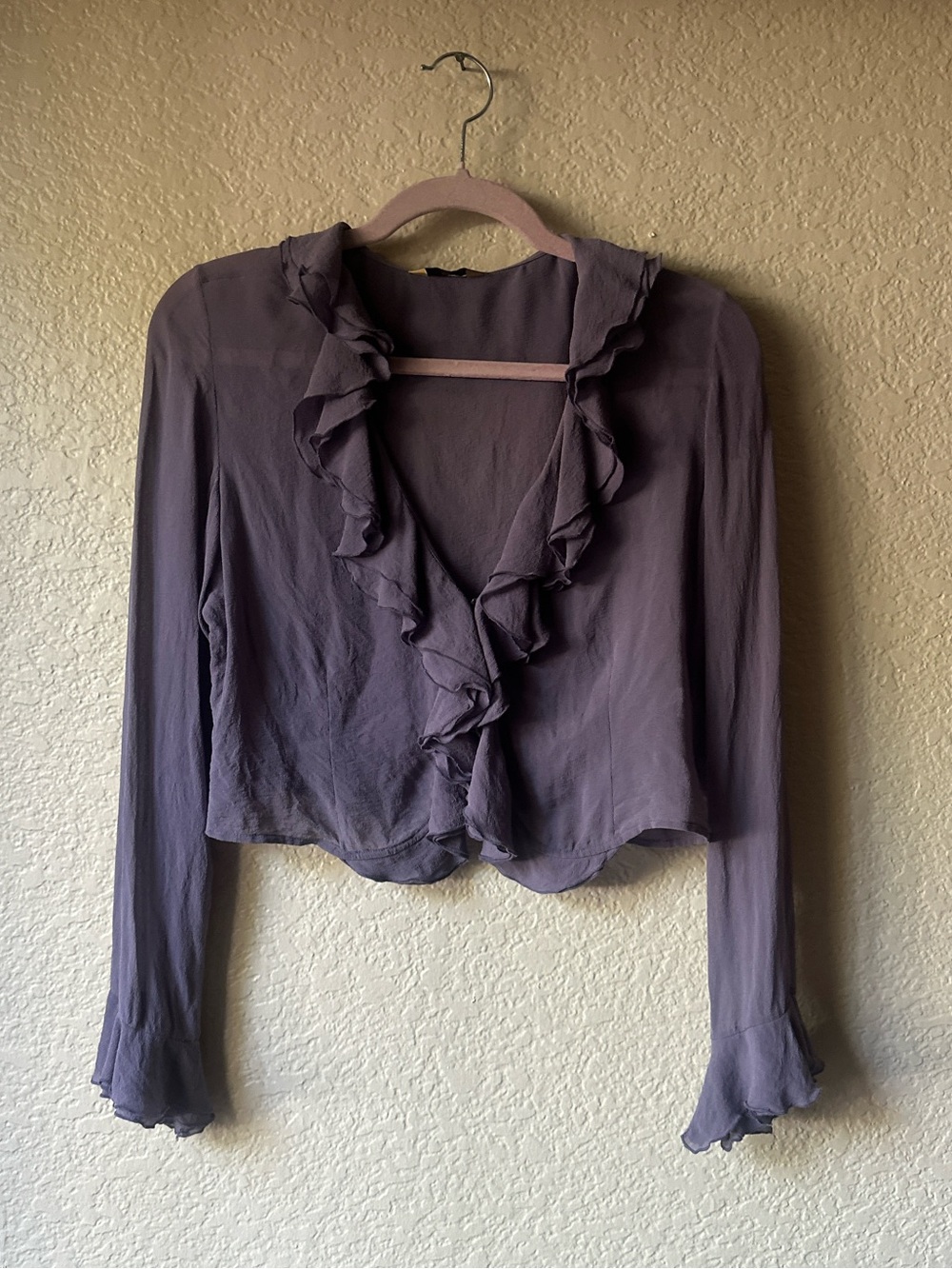 Ruffled Long-Sleeve V-Neck Blouse - Purple